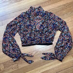 Free People Sheer Floral Mesh Mock Neck Crop Top Bell Sleeve Boho Festival XS